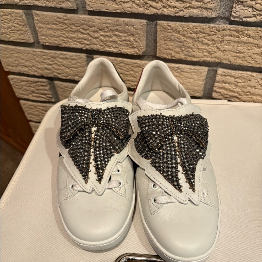 Gucci Ayers Web Bow White Sneakers with Beaded Bow Accent